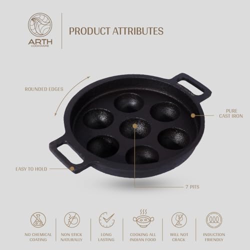 Image 4 of Arth The 7-Pits Pre-Seasoned Cast Iron Paniyaram Pan 22cms Diameter
