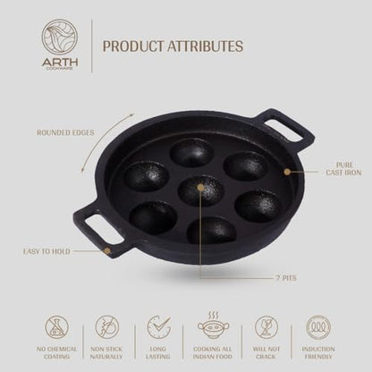 Image 4 of Arth The 7-Pits Pre-Seasoned Cast Iron Paniyaram Pan 22cms Diameter