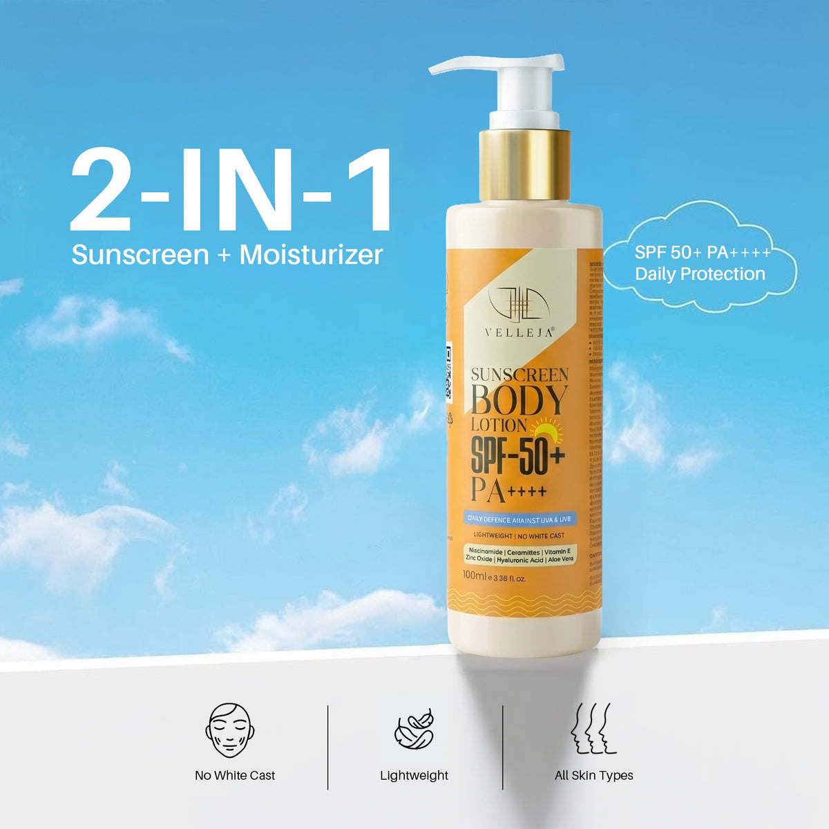 Image 2 of Velleja 2-in-1 Sunscreen Body Lotion SPF 50 PA++++ with 5% Niacinamide & Ceramides