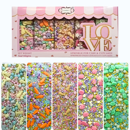 Image 1 of 140 gm for the product Confect Spring Sprinkles Edible |  Mix Green & Pink Eggs & Yellow & Gold Bunny pack of 5 (EAST 3) - 100Gms