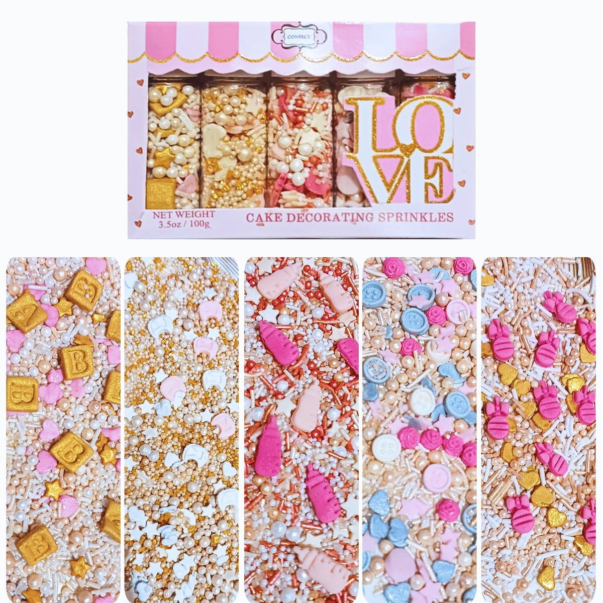 Image 1 of 100 gm / Pack of 1 for the product Confect Girls Baby Shower Sprinkles | Mix Heart, Teddy, Baby Feed Bottle & Baby Feet Sprinkles