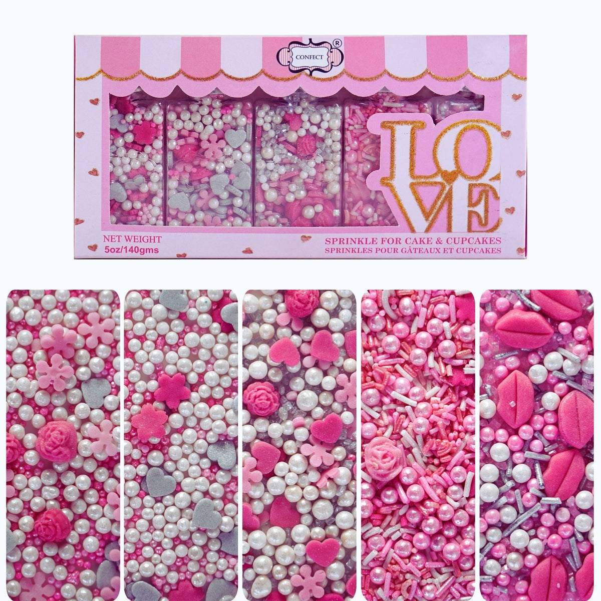 Image 1 of 140 gm for the product Confect Silver Hearts & White Pearls | Edible Mother's Day Sprinkles
