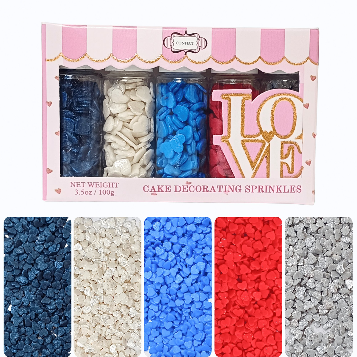 Image 1 of 100 gm / Pack of 1 for the product Confect Heart Sprinkles | Captain's Colors Patriotic Sprinkles