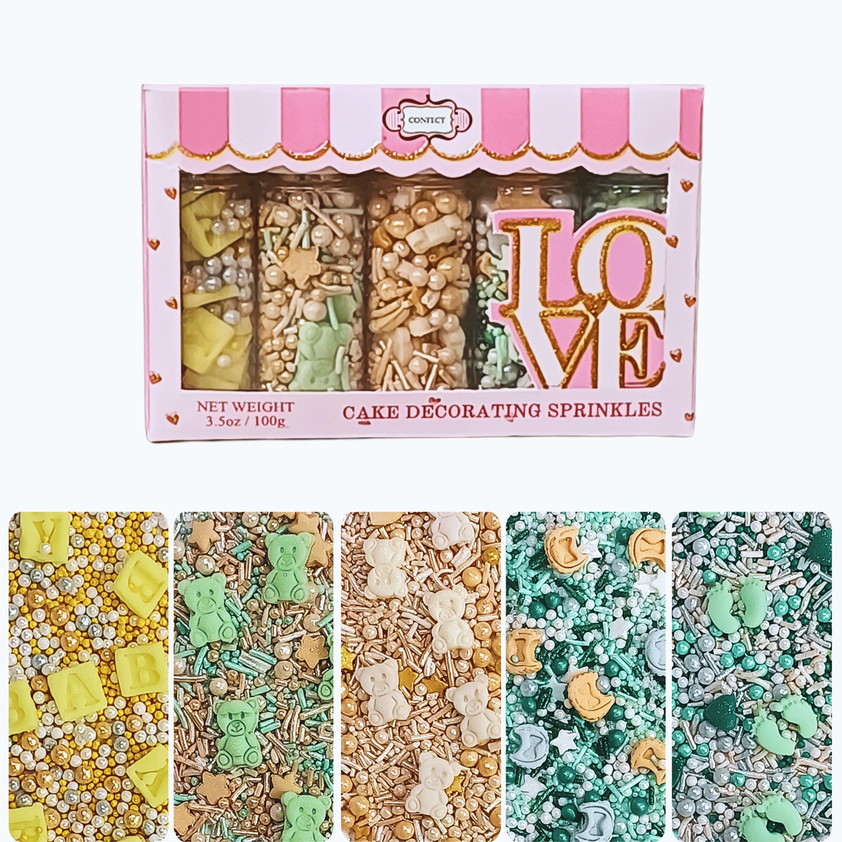 Image 1 of 100 gm for the product Confect Baby Shower Sprinkles | Birthday Sprinkles | Gender Reveal Sprinkles Pack of 5 (BABY SHOWER -08)