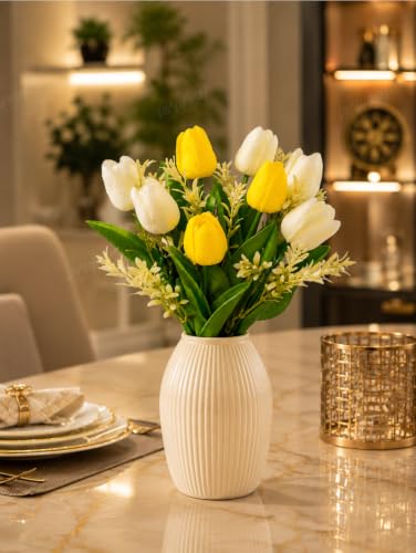 Image 5 of Divyakosh Artificial Flowers Bunch (Vase Not Included). Artificial Flower for Vase Flower Bouquet Gift, 8 Artificial Tulips (5 Ivory White & 3 Soft Yellow), Home Deﾌ…or for Living Room