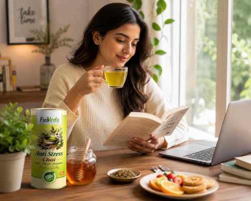 Image 4 of FudVeda Premium Natural Loose Leaf Tea | Authentic Tea Blend | Rich Aroma & Smooth Taste | Hygienically Packed | Daily Refreshment (Anti Stress Chai, Pack of 1)