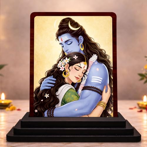 Image 1 of Default Title for the product Sacred Portrait Shiv Parvati Wooden Table Idol 4x5 Inch HD Printed Decorative Piece