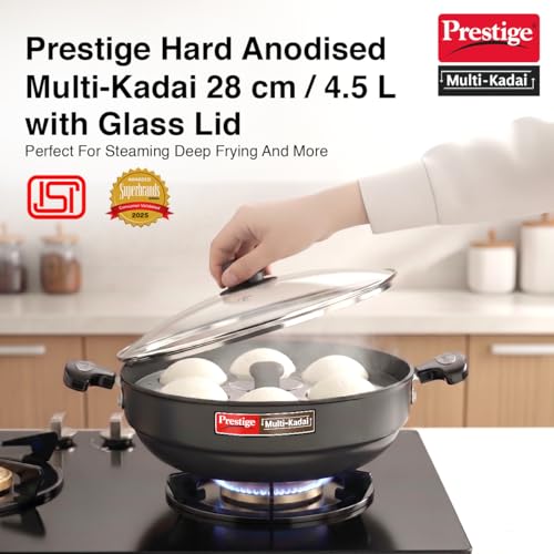 Image 2 of Prestige Hard Anodised Multi Kadhai | 28 cm | Black | Induction Base | Multi-Purpose Accesories - Idli Stand, Dhokla Stand and Steamer | Round Bottom | Durable Handles