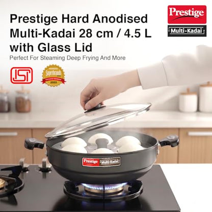Image 2 of Prestige Hard Anodised Multi Kadhai | 28 cm | Black | Induction Base | Multi-Purpose Accesories - Idli Stand, Dhokla Stand and Steamer | Round Bottom | Durable Handles