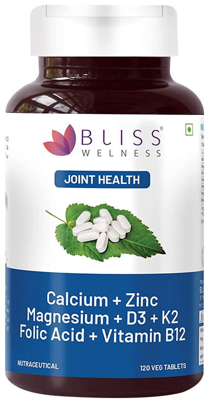 Image 1 of 120 tabs for the product Bliss Welness Joint Health Calcium + Zinc Megnesium + D3 + K2 Veg Tablet