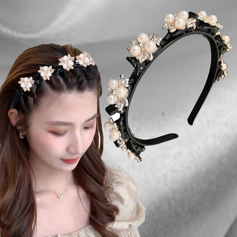 Image 1 of 1 pc for the product Majestique Stylish Braided Double Layer Acrylic Headband With Elegant Flower Hair Accessory - 1 Pc