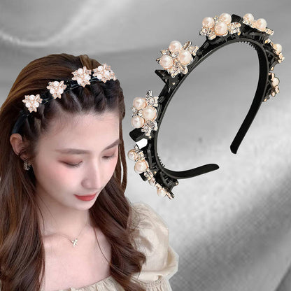 Image 1 of 1 pc for the product Majestique Stylish Braided Double Layer Acrylic Headband With Elegant Flower Hair Accessory - 1 Pc