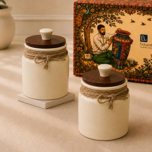 Image 1 of Default Title for the product ExclusiveLane Vintage Ivory Multi Utility Storage Ceramic Jars with Wooden Lid Set of 2 410 ml