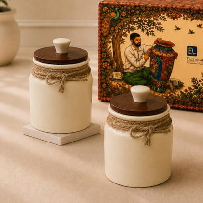 Image 1 of Default Title for the product ExclusiveLane Vintage Ivory Multi Utility Storage Ceramic Jars with Wooden Lid Set of 2 410 ml