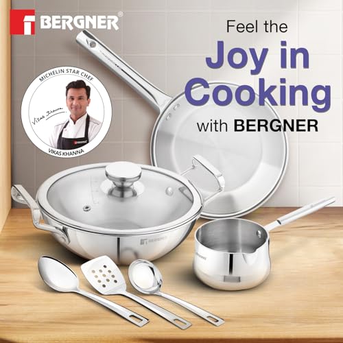 Image 3 of BERGNER TriPro 7 Pcs Tri-Ply Stainless Steel Induction Bottom Cookware Set | 22cm (2 LTR) Kadai with Glass Lid | 22cm (1 LTR) Frypan | 12cm (0.9 LTR) Coffee Warmer | Ladle | Serving Spoon | Turner