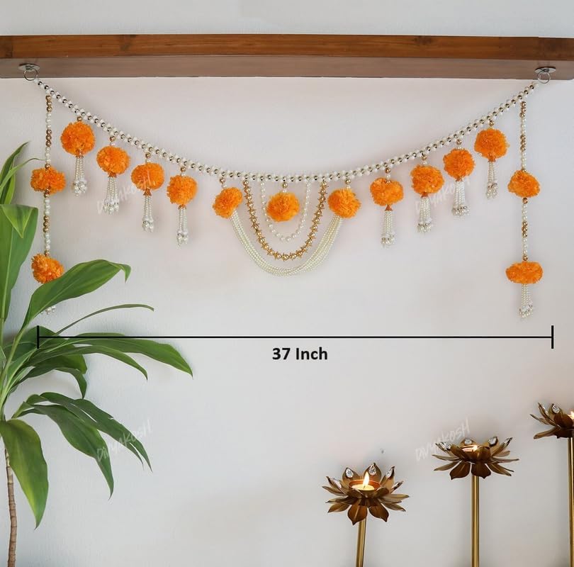 Image 4 of Divyakosh Fabric Marigold Flower With Moti Toran, Bandarwal Door Hanging, 94 Cm