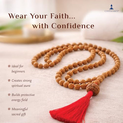 Image 4 of Chitshakti Rudraksha mala 108 +1 Beads Original | Sacred 108 + 1 Rudraksha Meditation Mala | Natural 10 mm Beads with 18 mm Guru Bead | Traditional Hand-Knotted Japa Mala with Red Tassel | Red
