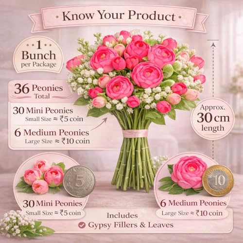 Image 3 of Divyakosh Artificial Peony Flower Bunch for Vase | Real Touch Faux Flowers with Gypsophila & Green Leaves | Decorative Fake Flowers for Home Living Room Bedroom Office Table Decor (VASE NOT Included)