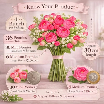 Image 3 of Divyakosh Artificial Peony Flower Bunch for Vase | Real Touch Faux Flowers with Gypsophila & Green Leaves | Decorative Fake Flowers for Home Living Room Bedroom Office Table Decor (VASE NOT Included)