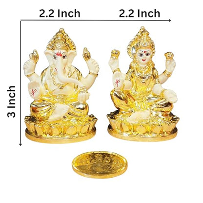 Image 4 of Gold Art India Laxmi Ganesh Gold Plated Off White Terracotta Idol for Home with Gold Plated Coin (3" Inch)