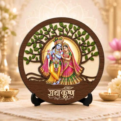 Image 2 of Radha Krishna Table Top Wooden Idol/Murti for Mandir Decoration, Office Desk & Festive Gift - 5x5 Inch