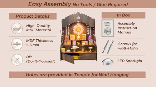Image 6 of STEPn'SPACE Wooden Temple For Home Big Size Mandir With LED Light & Step Wall Hanging Puja Mandir For Home Temple For Office Pooja Stand For Home & Office Temple With Storage XL-D28Xw43Xh55Cm