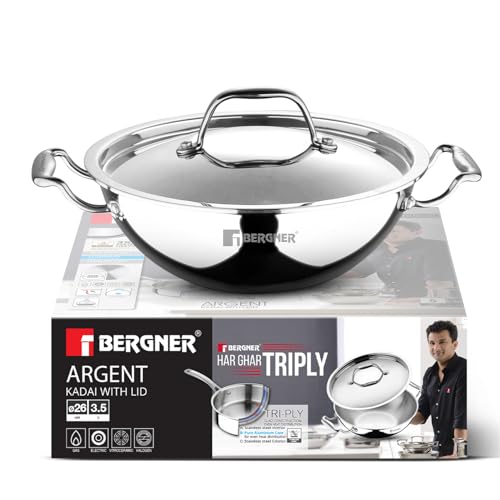 Image 5 of 26 cm / Kadhai for the product BERGNER Argent TriPly Stainless Steel Kadai with Stainless Steel Lid