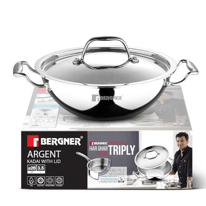 Image 5 of 26 cm / Kadhai for the product BERGNER Argent TriPly Stainless Steel Kadai with Stainless Steel Lid