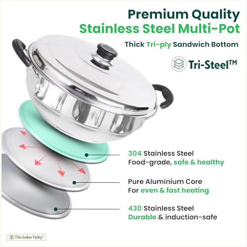 Image 5 of The Indus Valley Stainless Steel Idli Maker/Momo Maker/Multi Kadai/Steamer Set|Large, 5 Plates, 2 Idli|2 Dhokla|1 Steamer|29Cm/11.3 Inch, 4.2Ltr, 2.5Kg|3-Layer Thick Bottom|Induction Friendly