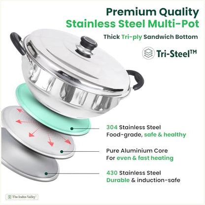 Image 5 of The Indus Valley Stainless Steel Idli Maker/Momo Maker/Multi Kadai/Steamer Set|Large, 5 Plates, 2 Idli|2 Dhokla|1 Steamer|29Cm/11.3 Inch, 4.2Ltr, 2.5Kg|3-Layer Thick Bottom|Induction Friendly