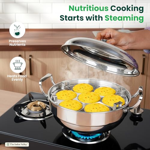 Image 7 of The Indus Valley Triply Stainless Steel Idli Maker/Multi Kadai | 6 Plates, 2 Idli | 1 Mini Idli | 2 Dhokla | 1 Steamer | Momo Maker/Steamer Set | 27cm/10.6 inch, 5Ltr, 3.7kg | 3-Layer Body | Induction Friendly