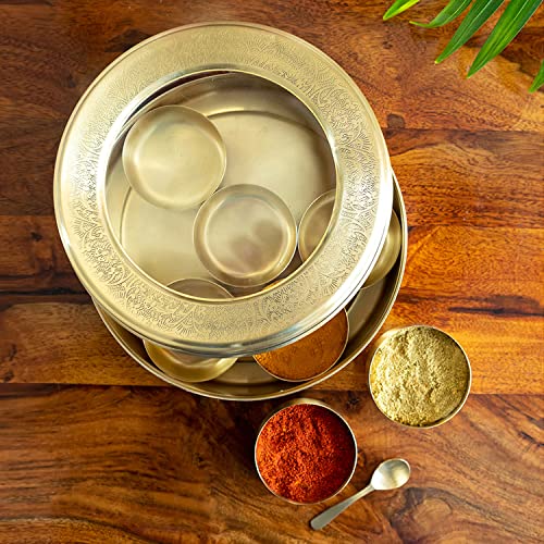 Image 1 of Default Title for the product ExclusiveLane Floral Brass Spice Box for Kitchen with Spoon 7 Containers 100 ml