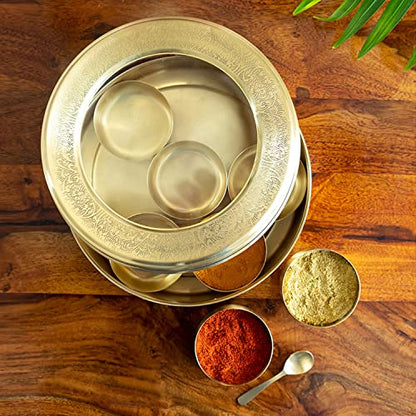 Image 1 of Default Title for the product ExclusiveLane Floral Brass Spice Box for Kitchen with Spoon 7 Containers 100 ml