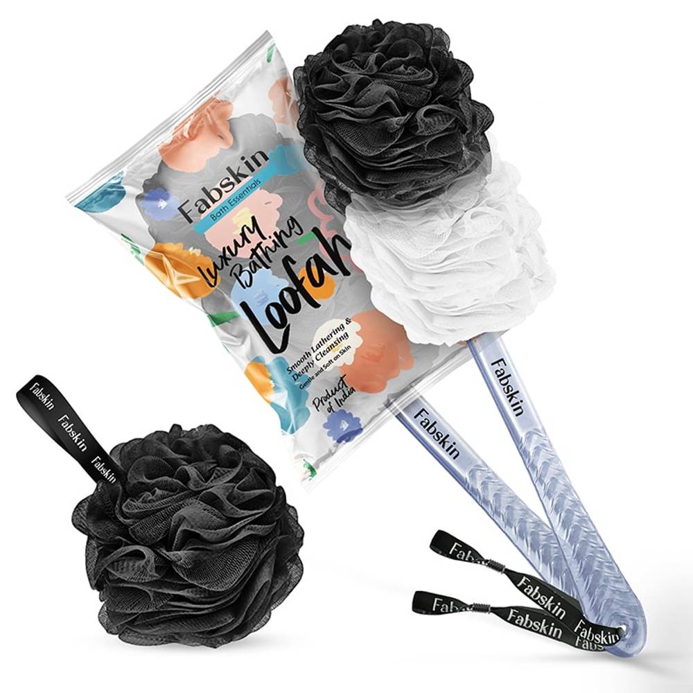 Image 1 of 1 Pc / Pack of 1 for the product Fabskin Loofah Duo Pack- Bath Brush With Long Handle & Round Loofah- For Men & Women- Black & White