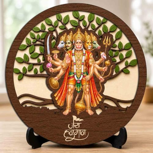 Image 1 of Default Title for the product Panchmukhi Hanuman Ji Premium Wooden God Idol for Indoor Temple, Living Room Shelf, Work Desk & Puja Decor - 5x5 Inch