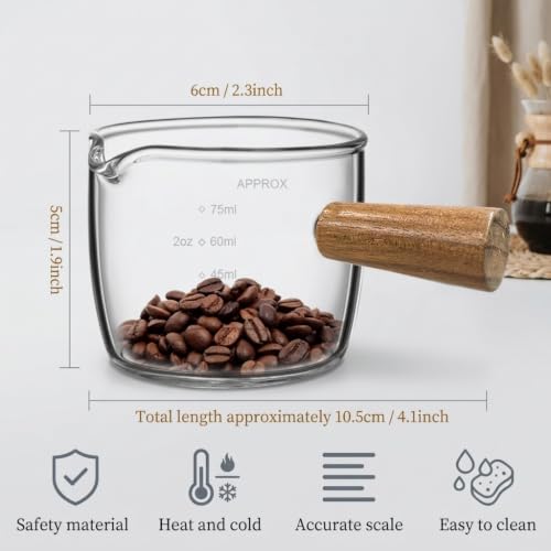 Image 3 of Supvox Espresso Measuring Cup 75ml Glass with Wooden Handle Pour Spout