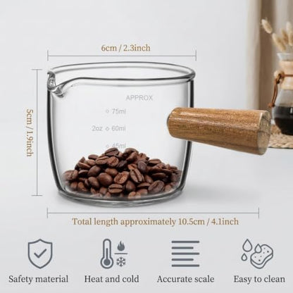 Image 3 of Supvox Espresso Measuring Cup 75ml Glass with Wooden Handle Pour Spout