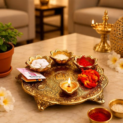 Image 3 of Chhariya Crafts Metal Pooja Thali With Diya (1 Pieces, Gold)