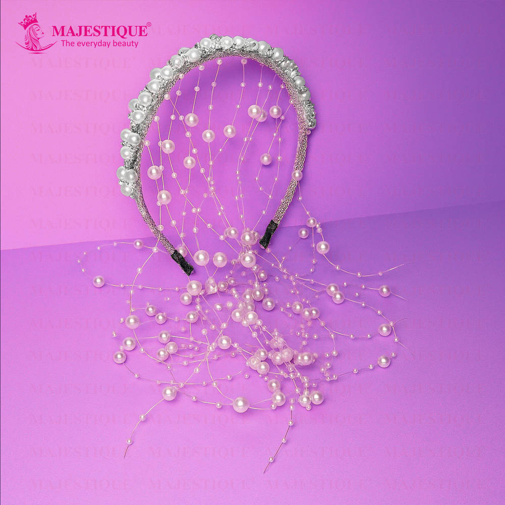 Image 6 of Majestique White Bridal Pearl Tassel Hairband With Crystals
