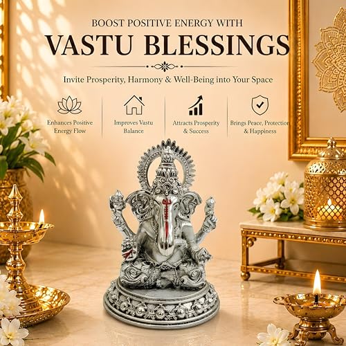 Image 3 of Dev Aastha Silver Plated Four-Armed Ganesh Idol - 3.25 Inch