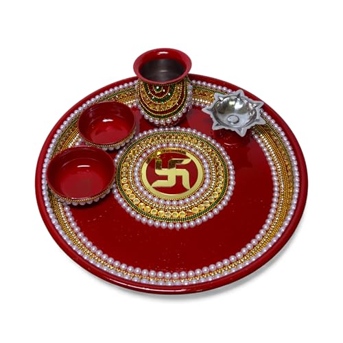 Image 1 of Red / 10 Inch for the product RIA Studio Traditional Swastik Pooja Thali Set Stainless Steel Prayer Plate with Kundan Decoration 5-Piece Hindu Worship Kit (Red, 10 Inch)