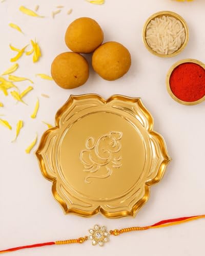 Image 6 of ALCU Pooja Thali for Diwali & Navratri Lotus Design Embose Decorative Puja Plate Golden