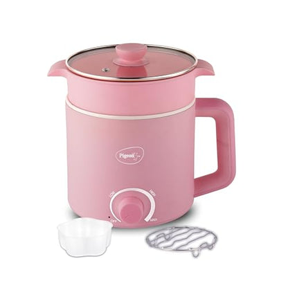 Image 3 of Pigeon By Stovekraft Swift Plus Multi-Cook Kettle 1.5L, With Steamer, Egg Rack - Pink | Black | Double Layered | Food Grade Stainless Steel Inner Wall | Glass Lid | Auto Shut-Off, 600 Watts