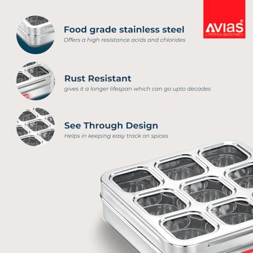 Image 3 of AVIAS 9-in-1 Stainless Steel Masala/Spice Box, Design Large
