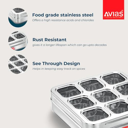 Image 3 of AVIAS 9-in-1 Stainless Steel Masala/Spice Box, Design Large