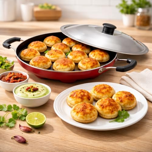 Image 3 of Generic Non-Stick Paniyaram Pan, Red, 12 Cavity, with Stainless Steel Lid and Tongs