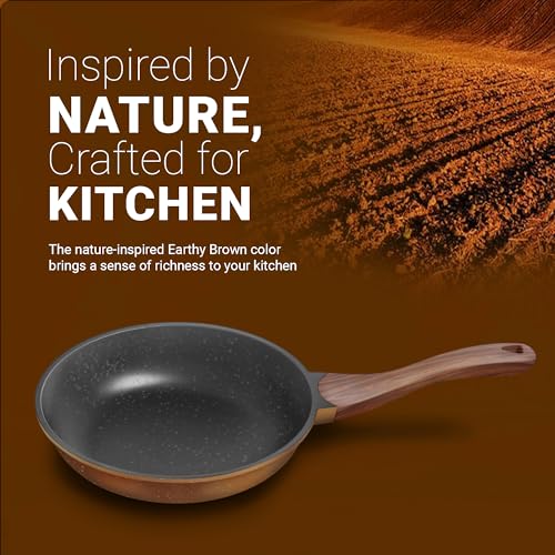 Image 3 of Preethi Artistic Collection Die Cast Non Stick Fry Pan, 24 cm,with Glass Lid, 5 Star Non Stick Effect, Cook & Serve, Earthy Brown