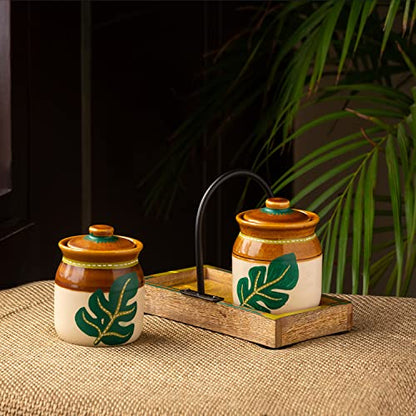 Image 2 of EL-005-1134 for the product ExclusiveLane Shades of a Leaf Ceramic Pickle Jars with Iron Holder