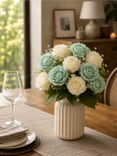 Image 5 of Divyakosh Artificial Rose Flower Bouquet 10 Rose (5 Sage Green + 5 Ivory White Roses) with Green Leaves | Faux Flowers for Home Decor, Living Room, Office, Bedroom| Vase Not Included