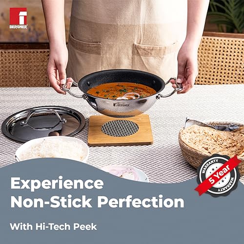 Image 4 of BERGNER Bergner Hitech-Peek Triply Stainless Steel Kadai with Steel Lid, 22 cm